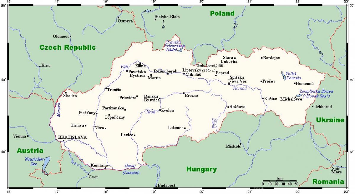 mapa Słowacji z miastami
